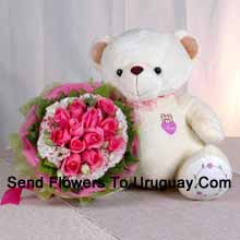 12 Pink Roses with Sweet Lovely Teddy