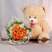 12 Orange Roses with Cute Teddy Bear