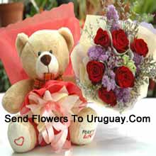 Bellissimo Teddy con 6 Rose Adorabili