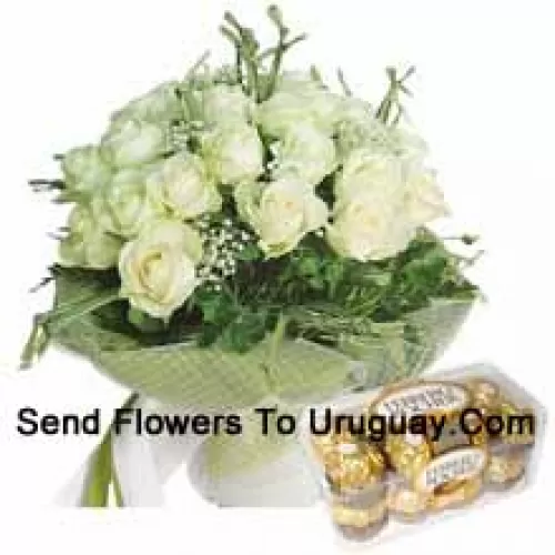 Bunch Of 18 White Roses With Seasonal Fillers Along With 16 Pcs Ferrero Rochers