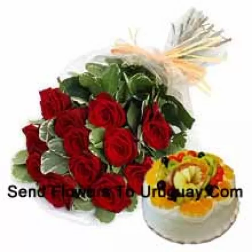 Bunch Of 12 Red Roses With Seasonal Fillers Along With 1 Lb. (1/2 Kg Fruit Cake)