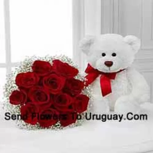 Bunch Of 12 Red Roses With Seasonal Fillers Along With A Cute 14 Inches Tall White Teddy Bear