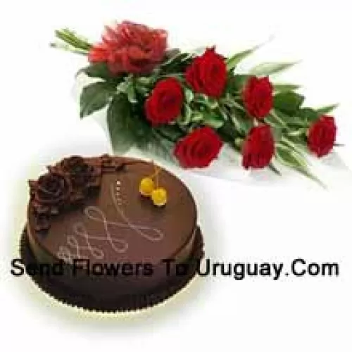 A Beautiful Hand Bunch Of 6 Red Roses Along With 1 Lb. (1/2 Kg) Chocolate Cake