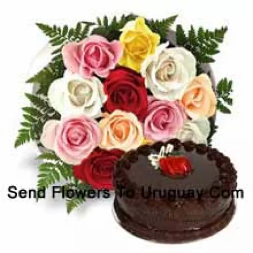 Conjunto de 12 rosas mistas com enchimentos sazonais, juntamente com 1 libra (1/2 kg) de bolo de trufa de chocolate (Por favor, note que a entrega do bolo está disponível apenas para a região metropolitana de Manila. Quaisquer pedidos de entrega de bolo fora da região metropolitana de Manila serão substituídos por bolo de brownie de chocolate sem creme ou o destinatário receberá um voucher da Red Ribbon suficiente para comprar o mesmo bolo)