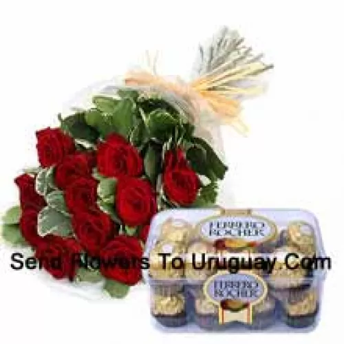 Bunch Of 12 Red Roses With Seasonal Fillers Along With 16 Pcs Ferrero Rochers