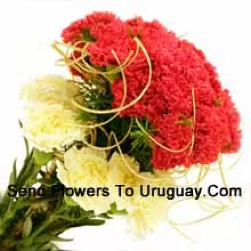 Bunch Of 24 Red And 12 Yellow Carnations With Seasonal Fillers