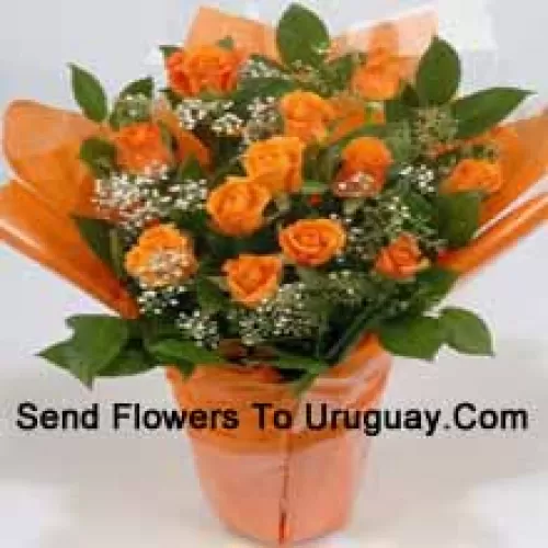 A Beautiful Arrangement Of 18 Orange Roses With Seasonal Fillers