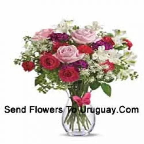 Red Roses, Pink Roses, Red Carnations And Other Assorted Flowers With Fillers In A Glass Vase -- 24 Stems And Fillers