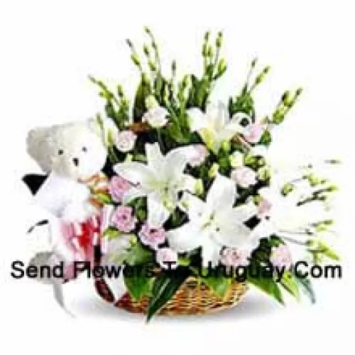 Basket Of Lilies And Carnations Accompanied With A Cute White Teddy Bear