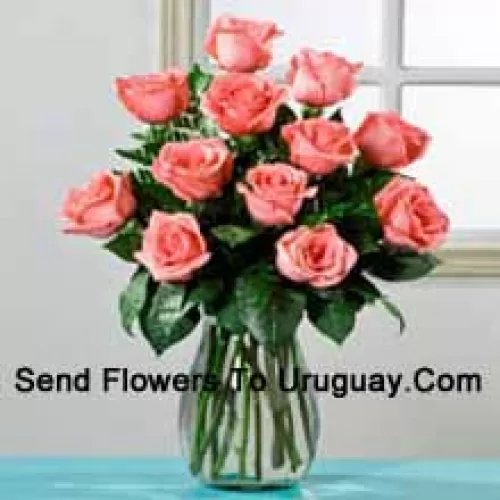 12 Pink Roses In A Vase