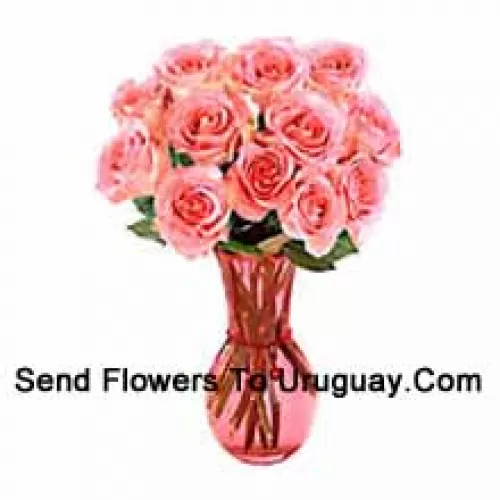 12 Pink Roses In A Glass Vase