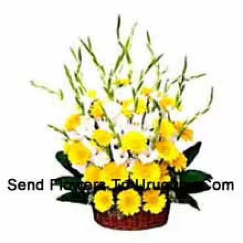 Basket Of Seasonal Flowers And Yellow Gerberas