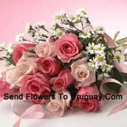 Bunch Of 12 Pink Roses With Purple Statice