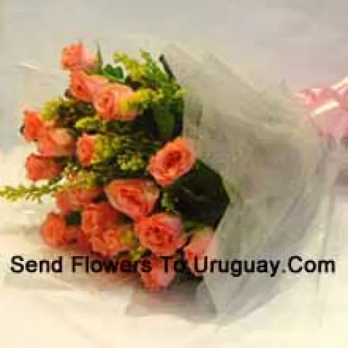 Bunch Of 18 Orange Roses With Seasonal Fillers