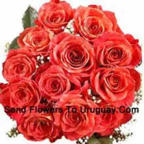 Bunch Of 12 Orange Roses With Seasonal Filler