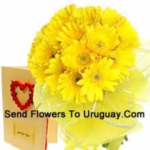 Buchet de 18 gerbera galbene cu un card gratuit de felicitare