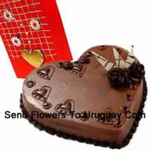 1 Kg (2.2 Lbs) Heart Shaped Chocolate Cake Along With A Free Love Greeting Card