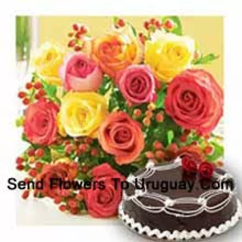 Buchet de 12 trandafiri colorați mixți cu umpluturi sezoniere și 1/2 kg (1,1 lbs) tort trufă de ciocolată (Vă rugăm să rețineți că livrarea tortului este disponibilă doar pentru regiunea Metropolitană Manila. Orice comandă de livrare a tortului în afara zonei Metropolitan Manila va fi înlocuită cu Tort de Brownie de Ciocolată fără cremă sau destinatarului i se va oferi un Voucher Red Ribbon suficient pentru a cumpăra același tort)