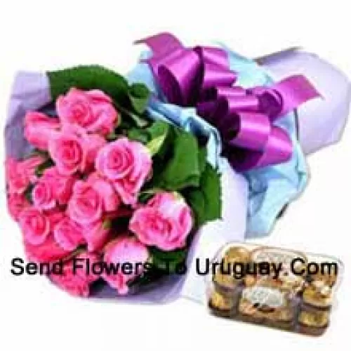 Bunch Of 12 Pink Roses With 16 Pcs Ferrero Rocher