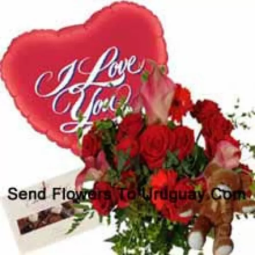 Bunch Of Red Gerberas And Red Roses, I Love Your Balloon, Cute Teddy Bear And A Box Of Chocolate