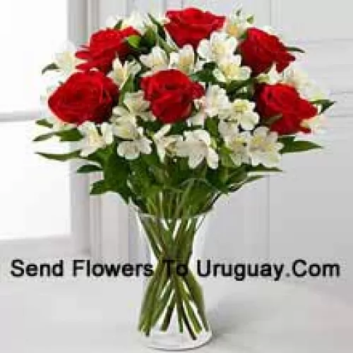 6 Red Roses With Assorted White Flowers And Fillers In A Glass Vase