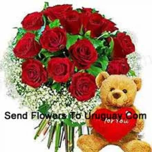 Bunch Of 12 Red Roses With Seasonal Fillers And A Cute Brown 8 Inches Teddy Bear