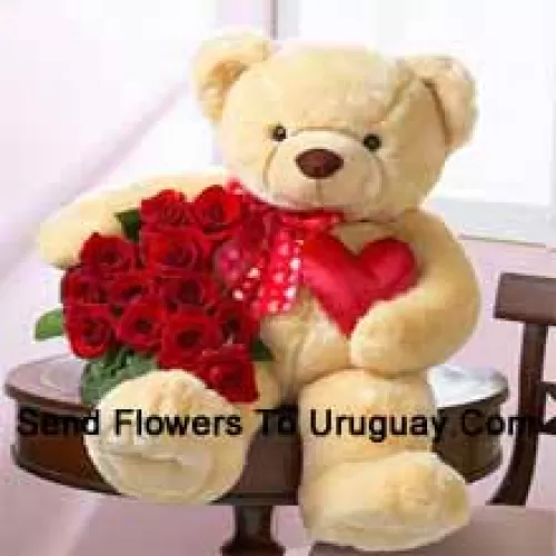 Um buquê de 12 rosas vermelhas com um urso de pelúcia de 24 polegadas de altura (Por favor, observe que reservamos o direito de substituir o urso de pelúcia por um de valor e tamanho iguais, caso o mesmo não esteja disponível. Estoque limitado. Ao substituir o produto, garantiremos que a mesma exclusividade seja mantida)