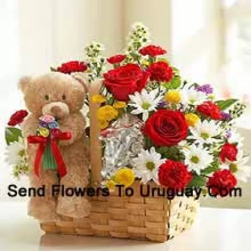 Basket Of Assorted Flowers And A Cute Brown 6 Inches Teddy Bear