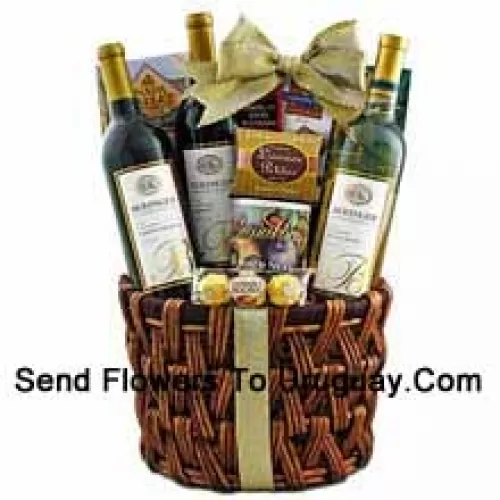 Deze geschenkmand bevat Beringer California Collection Cabernet Sauvignon rode wijn, Beringer California Collection Merlot rode wijn, Beringer California Collection Pinot Grigio witte wijn, Ghirardelli chocolade, Ferrero Rocher fijne hazelnootchocolaatjes, Napa Valley honing mosterd zuurdesem brokjes, Cashew Roca boterkrakeling karamel met chocolade en cashewnoten, Rademaker frambozen chocoladestokjes, JM Morgans zoethout petites en luxe gemengde noten in een geschenkblik. (Inhoud van het mandje inclusief wijn kan variëren per seizoen en bezorglocatie. In geval van onbeschikbaarheid van een bepaald product zullen we het vervangen door een product van gelijke of hogere waarde)