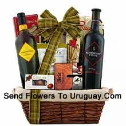 Deze geschenkmand bevat Rosemount Estate Black Diamond Label Shiraz Rode Wijn, Rosemount Estate Chardonnay Witte Wijn, Brie kaasdip, Crackers met drie pepers, Olijfolie cucina chips, Guylian Belgische chocoladeschelpen, Angelina's zoete boterkoekjes, Dolcetto gevulde wafelrol en Feridies extra grote gourmet Virginia pinda's. (De inhoud van de mand inclusief wijn kan variëren per seizoen en bezorglocatie. In geval van onbeschikbaarheid van een bepaald product zullen we dit vervangen door een product van gelijke of hogere waarde)