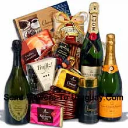 Deze Vaderdag Geschenkmand bevat Moet & Chandon White Star Champagne - 750 ml, Veuve Clicquot Ponsardin Yellow Label - 750 ml, Dom Perignon - 750 ml, Champagne Trufflz van Marich, Getoaste Amandel Chocolade Kant van Hauser Chocolatier, Donkere Frambozentruffelreep van Lake Champlain Chocolates, Melk Caramel Truffelreep van Lake Champlain, Truffels Fantaisie van Guyaux Chocolatier, Champagne Sticks van Sweet Candy, Chocolade Fruit Medley in Gekleurde Schelpen van Marich en Chocolade Wafelrolletjes van Dolcetto. (Inhoud van de mand inclusief wijn kan variëren per seizoen en bezorglocatie. In geval van onbeschikbaarheid van een bepaald product zullen we het vervangen door een product van gelijke of hogere waarde)