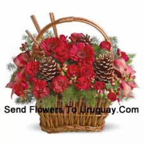 Dale un toque especial a cualquier ocasión de invierno con este encantador ramo de flores en una cesta de rosas en miniatura, claveles, gerberas u otras flores festivas similares, diseñado en una cesta con ramas de pino frescas, piñas y acentos. Ideal para un agradecimiento, saludos de Felices Fiestas, deseos de Navidad o simplemente porque sí (Tenga en cuenta que nos reservamos el derecho de sustituir cualquier producto por un producto adecuado de igual valor en caso de no disponibilidad de cierto producto)